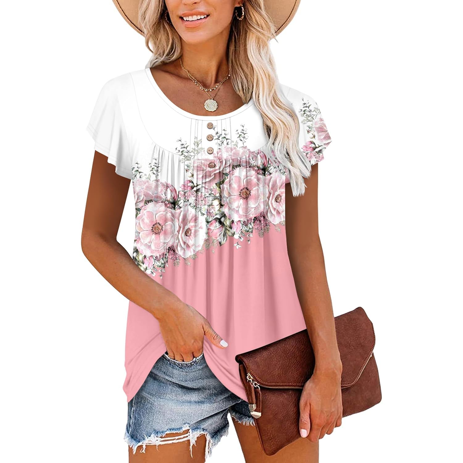 Women's Summer Tunic Tops Flowy Flare Botton Down Shirts Blouses S-3XL