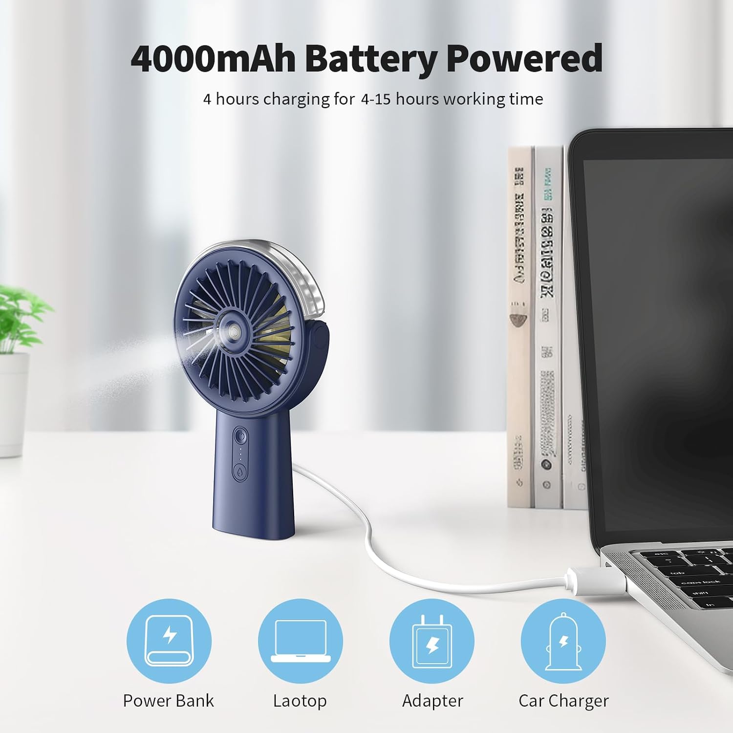 Otlonpe Handheld Misting Fan Portable, Small Personal Hand Held Rechargeable Mist Fan Water Spray, 4000Mah Battery Operated Hand Mister Fans 3-Speed, 4-15 Hrs Runtime For Travel Home Office Outdoor