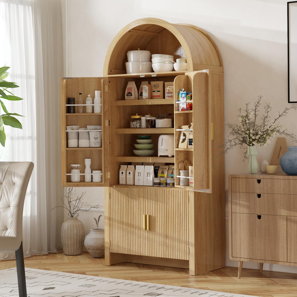 71" Arched Kitchen Pantry Cabinet, Fluted Wood Storage With 3 Adjustable Shelves & 6 Door Shelves, Modern Organizer For Kitchen, Bathroom, Natural Wood Finish (Wood)
