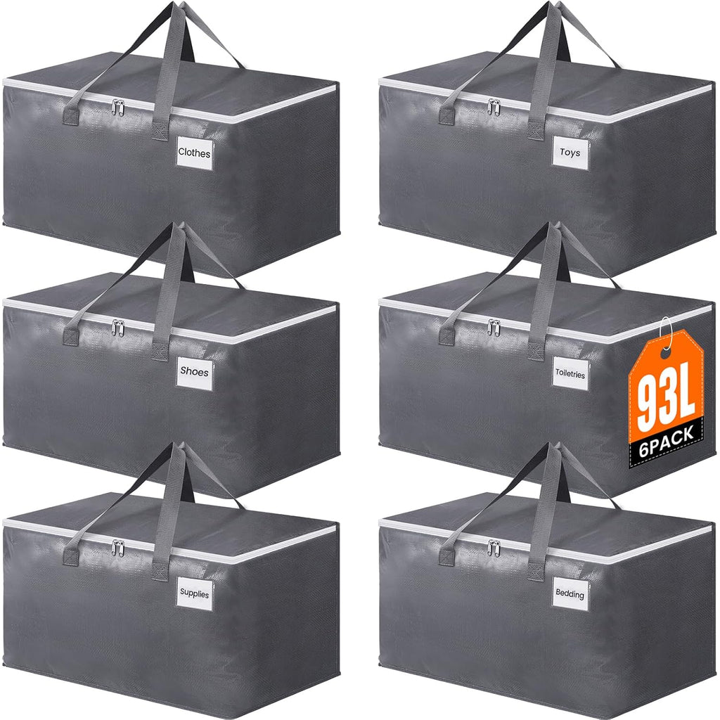 Large Moving Bags, Storage Bags With Zippers, Handles Moving Supplies With Lids, Heavy Duty Totes For Storage Bags For Space Saving, Moving And Storing 93L, 6 Pack