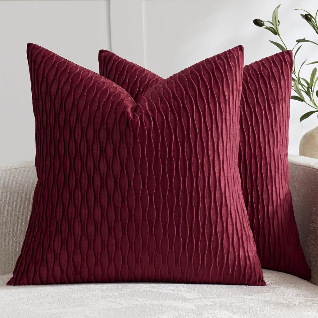 Burgundy Throw Pillow Covers: Pack Of 2 18X18 Inch Vertical Ripple Striped Velvet Square Decorative Pillow Cases For Farmhouse Couch Sofa Bed Living Room Home Decor