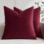 Burgundy Throw Pillow Covers: Pack Of 2 18X18 Inch Vertical Ripple Striped Velvet Square Decorative Pillow Cases For Farmhouse Couch Sofa Bed Living Room Home Decor