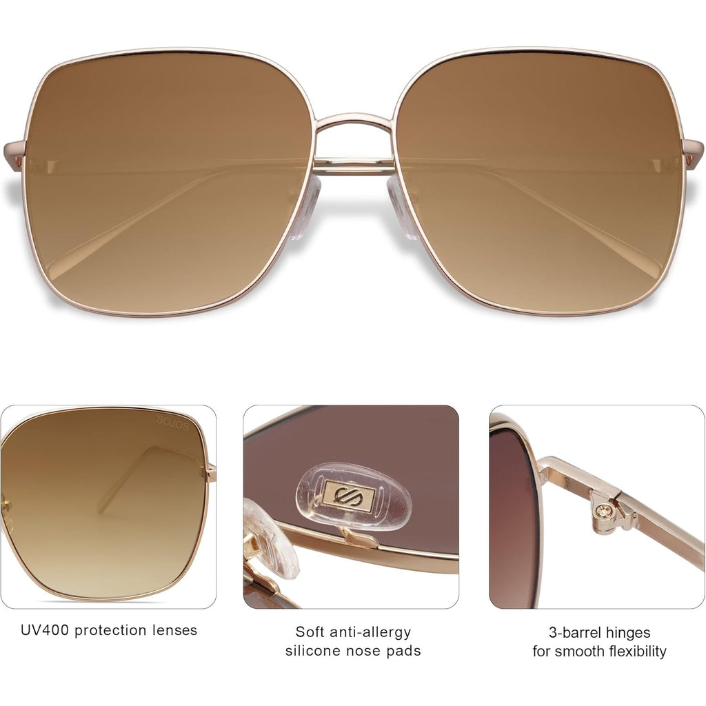 SOJOS Trendy Oversized Square Metal Frame Sunglasses for Women Men Retro Big Flat Lens UV Protection Sunglasses SJ1146