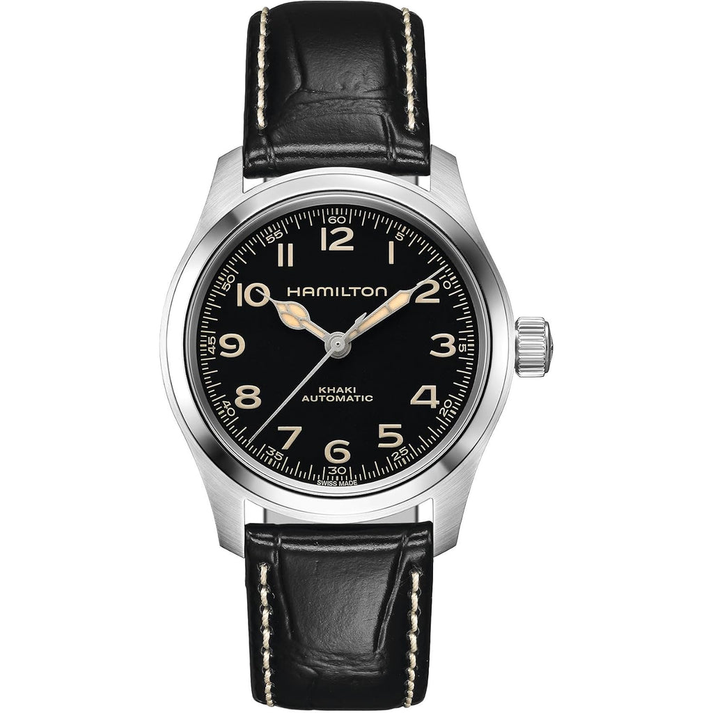 Hamilton Khaki Field Murph Automatic Men'S Watch, 38Mm Stainless Steel Case, Swiss Made, Black Dial Analog Wrist Watch For Men, 100M Waterproof, Sapphire Crystal, 3-Hand Movement, Cow Leather Strap
