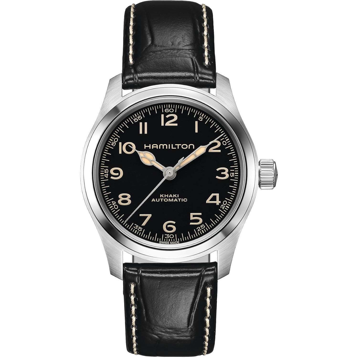 Hamilton Khaki Field Murph Automatic Men'S Watch, 38Mm Stainless Steel Case, Swiss Made, Black Dial Analog Wrist Watch For Men, 100M Waterproof, Sapphire Crystal, 3-Hand Movement, Cow Leather Strap