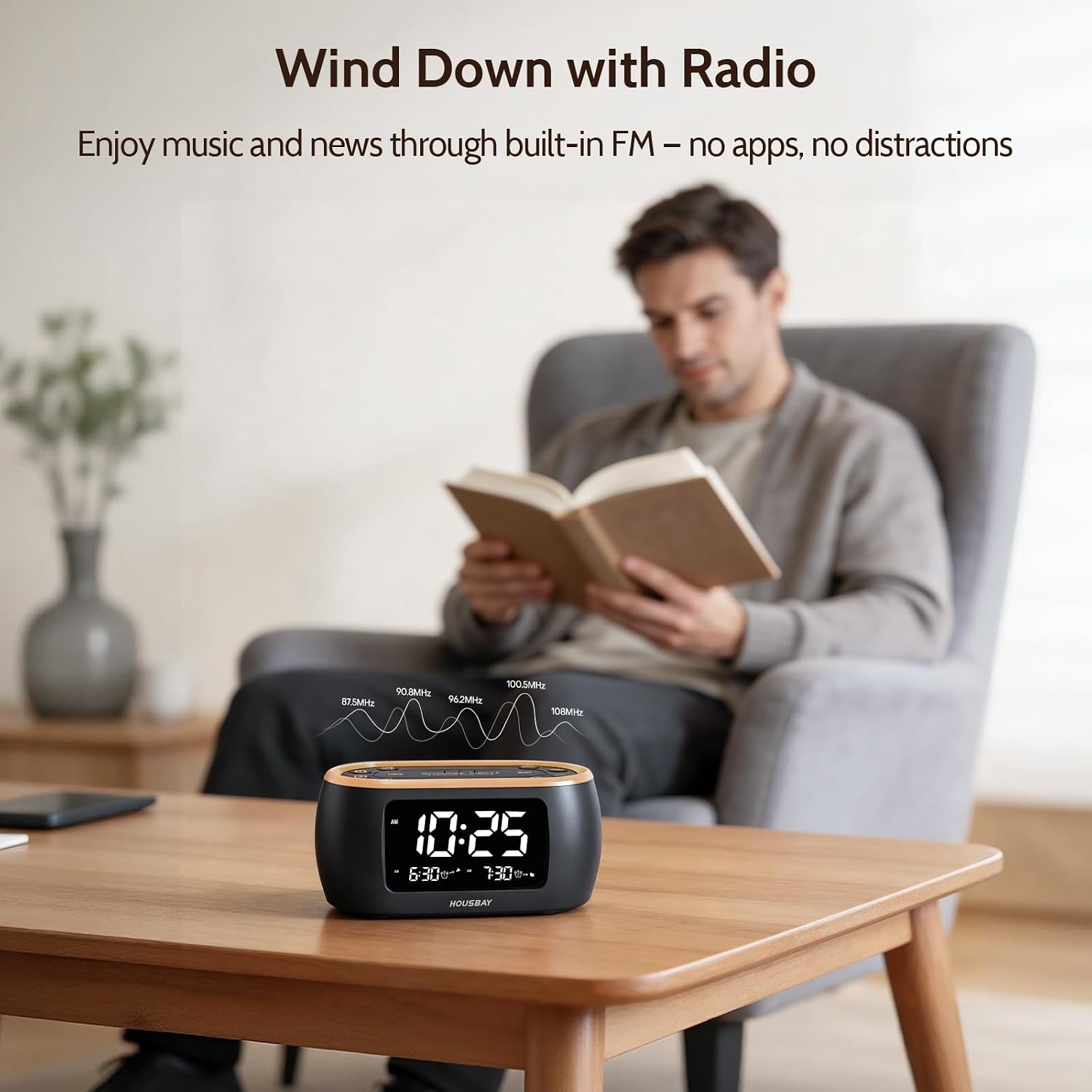Housbay Digital Alarm Clock Radio For Bedrooms, Phone-Free Wake-Up With Dual Alarm, Night Light, Small Radio Clock For Bedside | Phone-Free Wake-Up With Dual Alarm, Fm Radio For Favorite Stations, Small Radio Clock For Bedside, Battery Backup