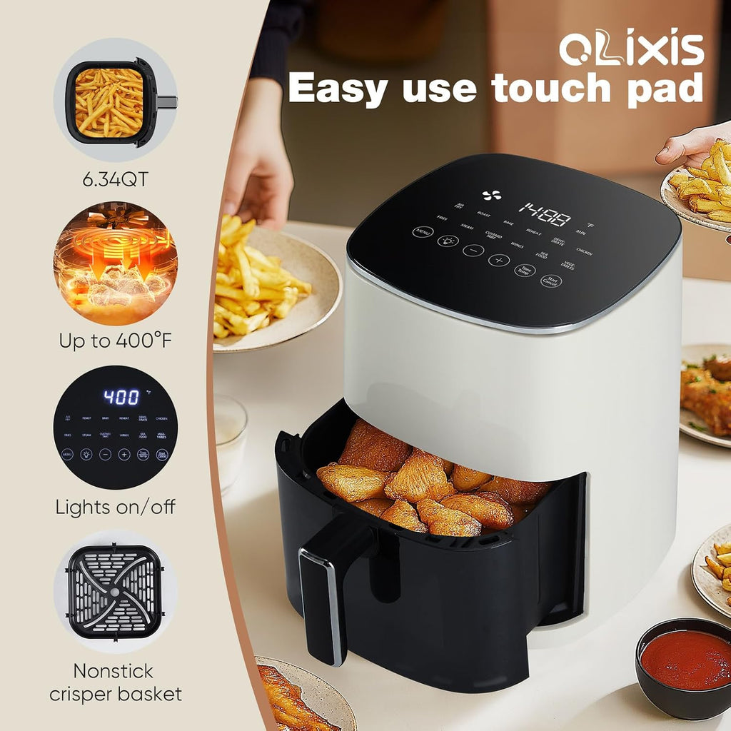 Olixis Air Fryer 6 Quart With Window Square Airfryer 12-In-1 Air Frys, Roast, Reheat, Dehydrate, Bake, Steam, Fries, Custard, Chicken, Wings, Sea Food, Vegetabels,400F, White