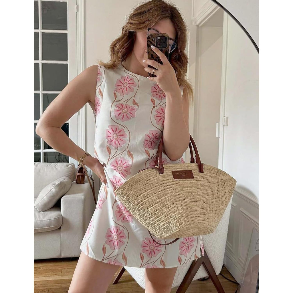 Womens Summer Floral Print Mini Dress Romantic Sleeveless Shift Short Dress Vacation Fairy Dresses