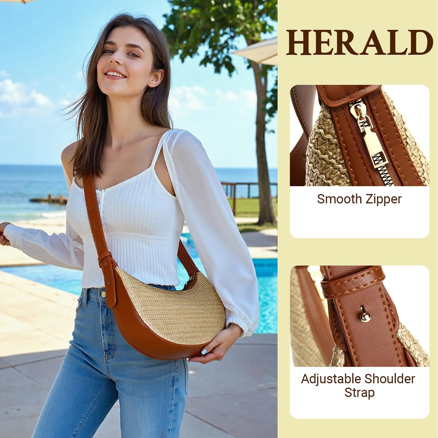 Herald Straw Crossbody Bag for Women Beach Woven Hobo Handbag Summer Chic Crescent Shoulder Purses with Adjustable Strap