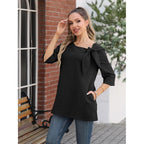 Summer Tunic Tops for Women 3/4 Sleeve Linen Blouse with Pockets & Bow Tie Neck Ladies Tops for Brunch Casual Wear