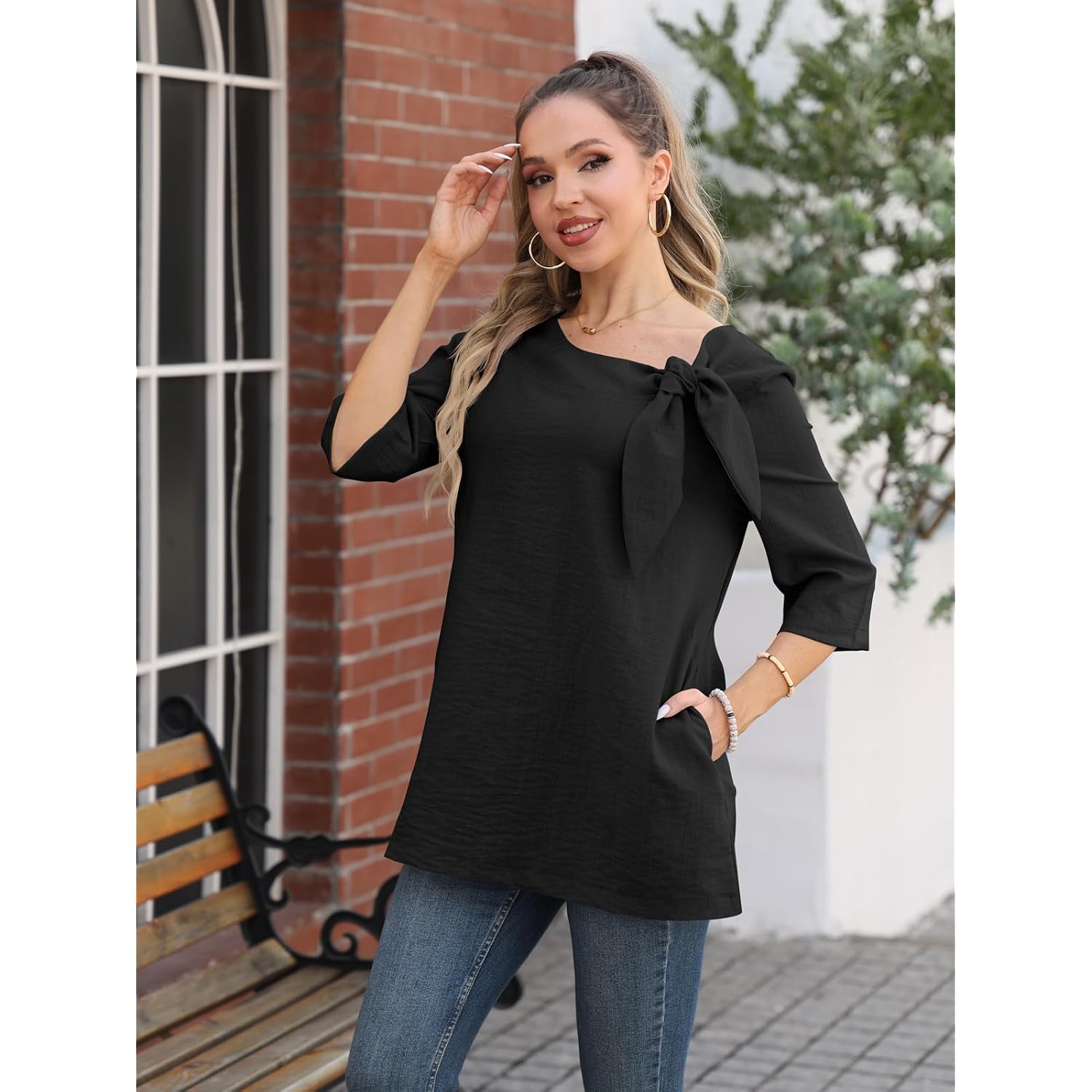 Summer Tunic Tops for Women 3/4 Sleeve Linen Blouse with Pockets & Bow Tie Neck Ladies Tops for Brunch Casual Wear