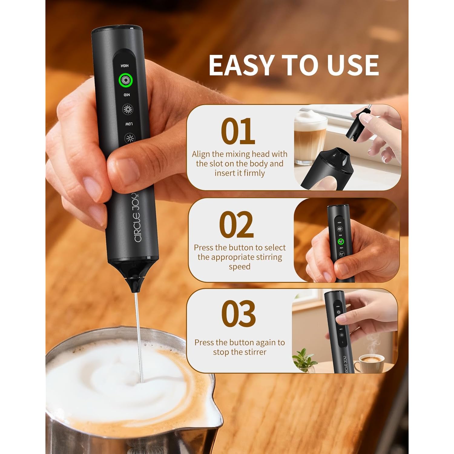 Circle Joy Rechargeable Handheld Milk Frother Wand With 3 Variable Speeds, 3 Whisks And Storage Box, Electric Drink Mixer For Latte, Cappuccino, Hot Chocolate, Eggs And Protein Powder, Black