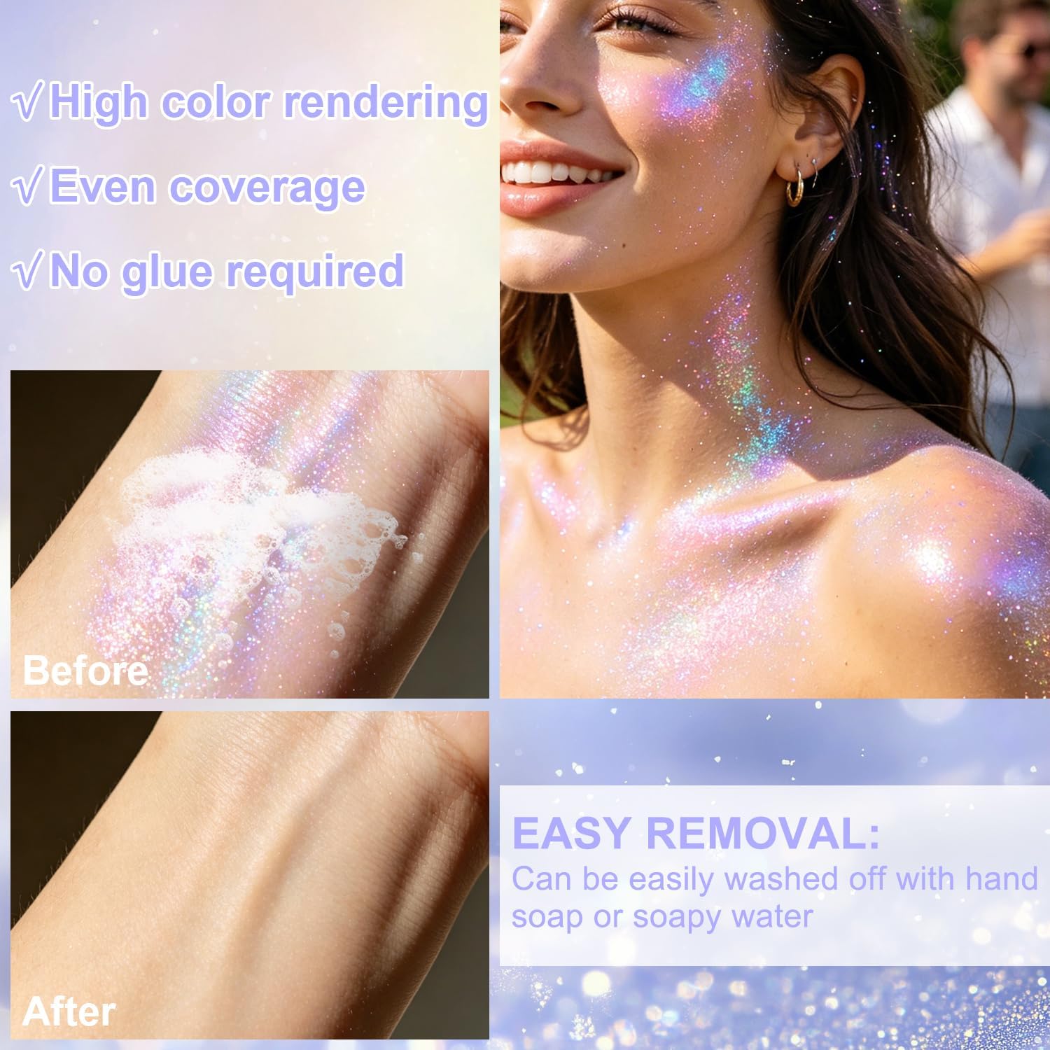 2 Colors Roll-On Body Glitter Gel For Face Body And Hair, Holographic Glitter Gel Under Light, Chameleon Color Rolling Sequins For Rave Accessories Christmas Halloween (Glint-Rainbow+Dazzle)