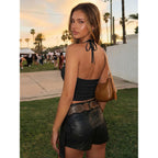 Trendy Queen Womens Double Lined Halter Tops Self Tie Backless Crop Tank Top for Summer Going Out