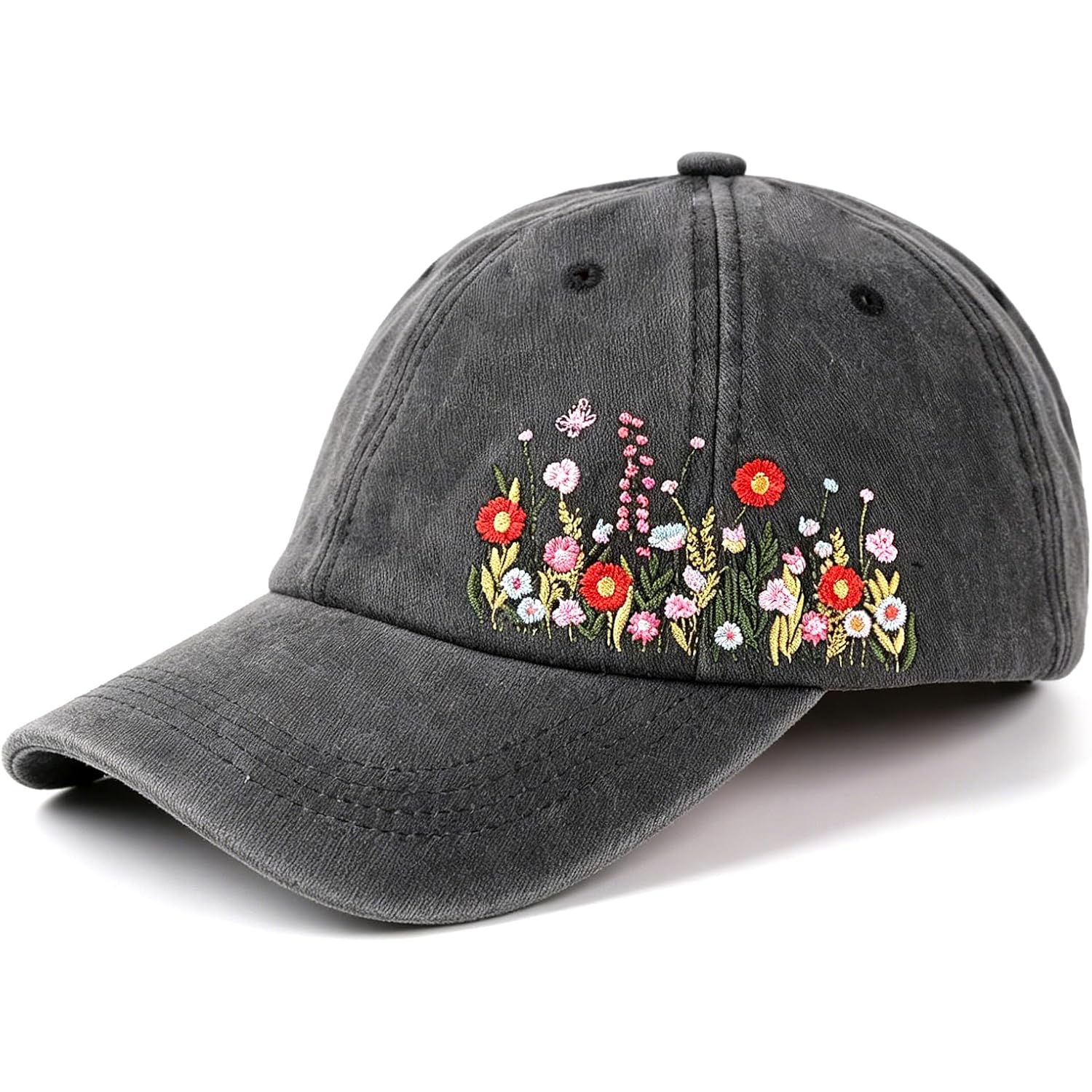 Embroidered Baseball Cap for Women Girls, Elegant Floral Baseball Cap for Women, Adjustable Breathable Hats for Casual Wear Black Wildflower