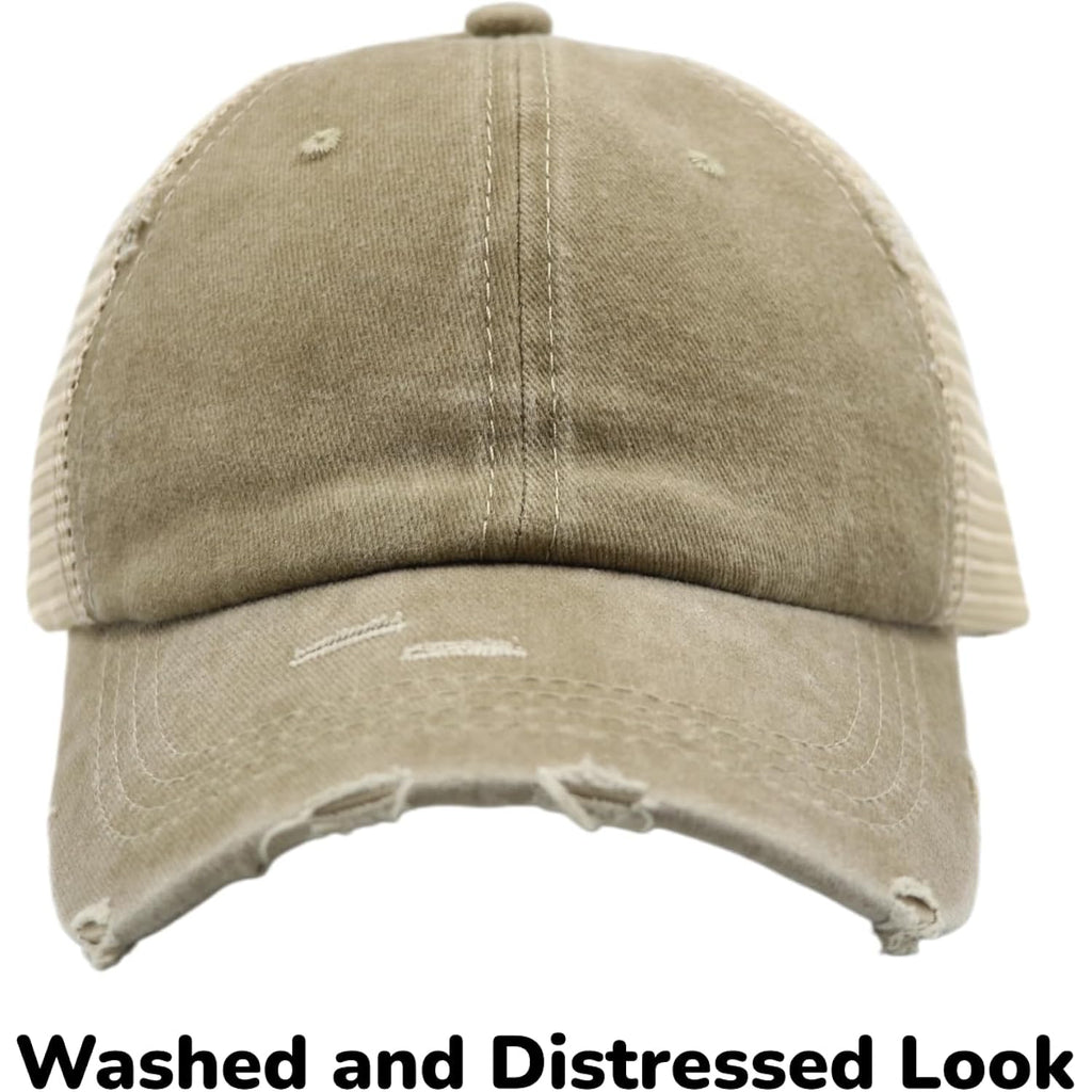 Womens Ponytail High Messy Bun Hats Distressed Baseball Caps Unconstructed Washed Dad Hat Girls Trucker Ponycaps Sun Hat 03-light Khaki