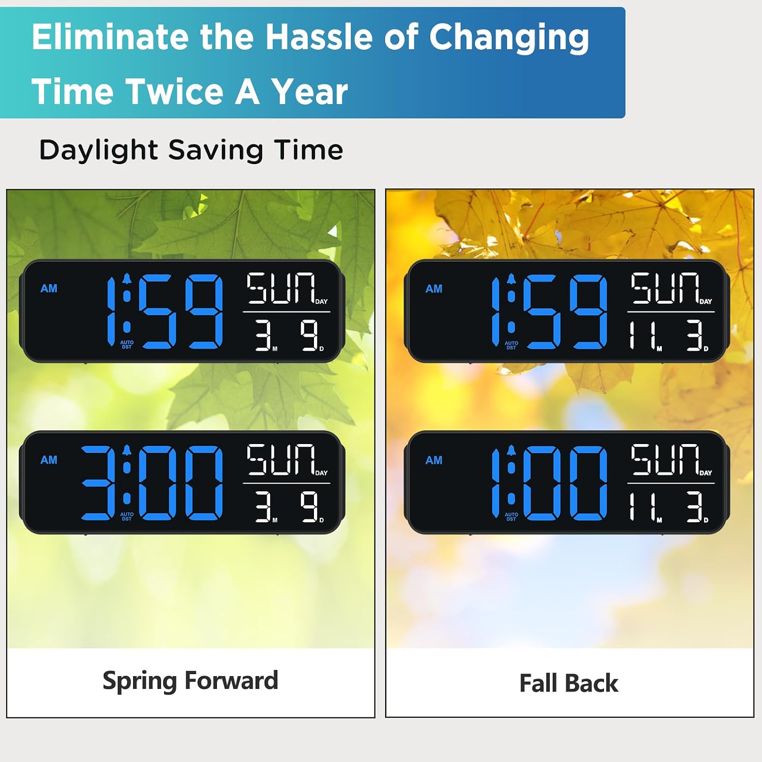 Peakeep Large Display Digital Alarm Clock For Bedroom With Date Day Of Week | Calendar Desk Table Clocks For Living Room Office, Dimmable Plug In Electric Clock Battery Backup, 5 Volumes, Loud, Auto Dst