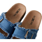 Roxoni Women'S Comfort Flat Sandals Double Buckle Adjustable Straps Flat Slides Footbed Suede