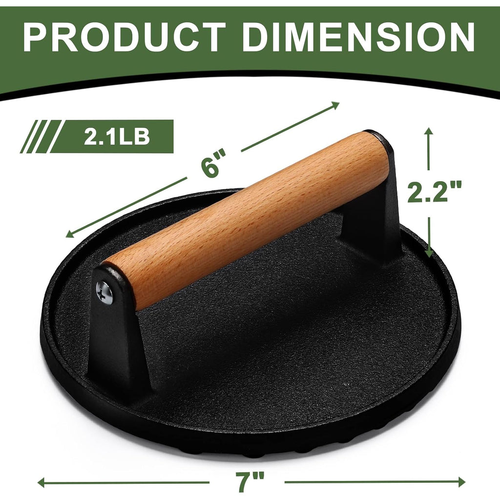 Ewfen Burger Press, 7" Round Heavy-Duty Cast Iron Smash Bacon Press Meat Steak With Wood Handle For Griddle, Sandwich, Nonstick Pan