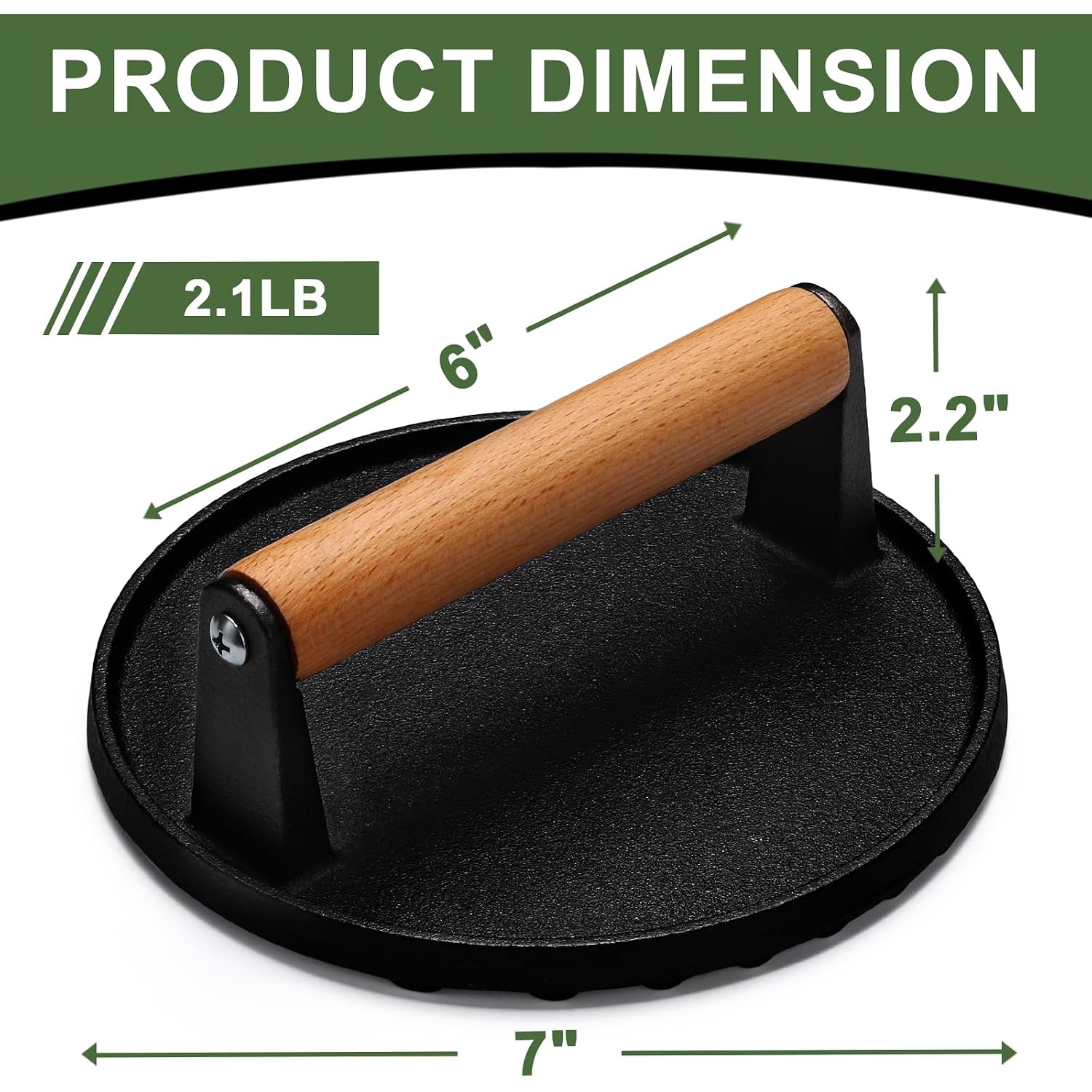 Ewfen Burger Press, 7" Round Heavy-Duty Cast Iron Smash Bacon Press Meat Steak With Wood Handle For Griddle, Sandwich, Nonstick Pan