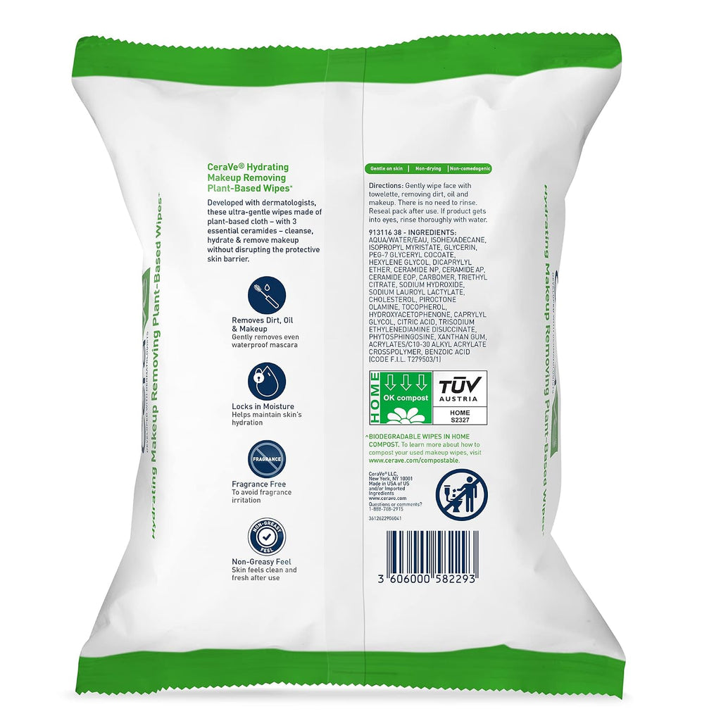 Cerave Makeup Remover Wipes, Plant Based Face Wipes, Biodegradable In Compost, Waterless Face Wash, Travel Essentials For Women, Suitable For Sensitive Skin, Fragrance-Free + Non-Comedogenic, 25Ct