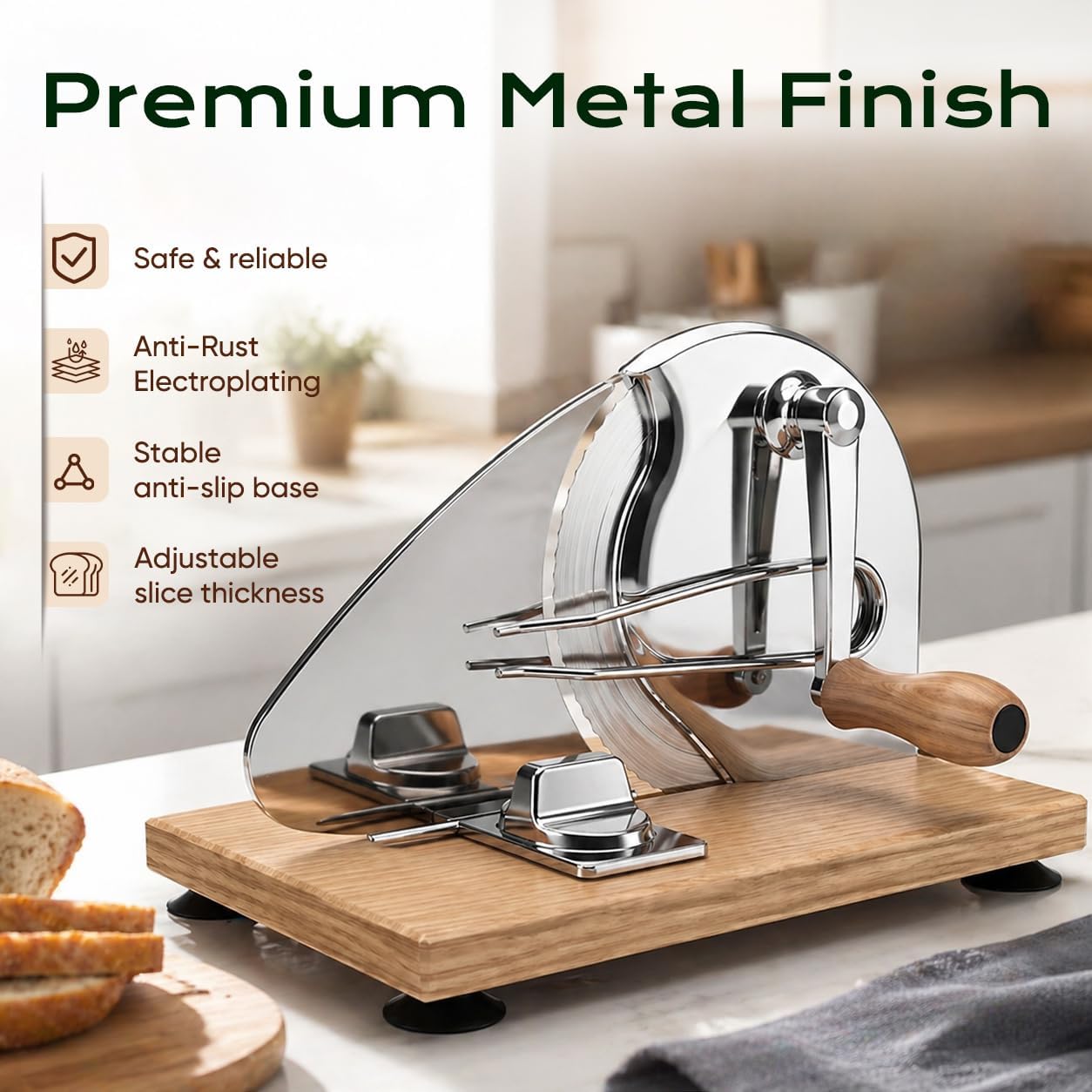Saluna Manual Bread Slicer For Sourdough And Homemade Bread, Adjustable Bread Slicer With Hand Crank, Stainless Steel Blade And Suction Base