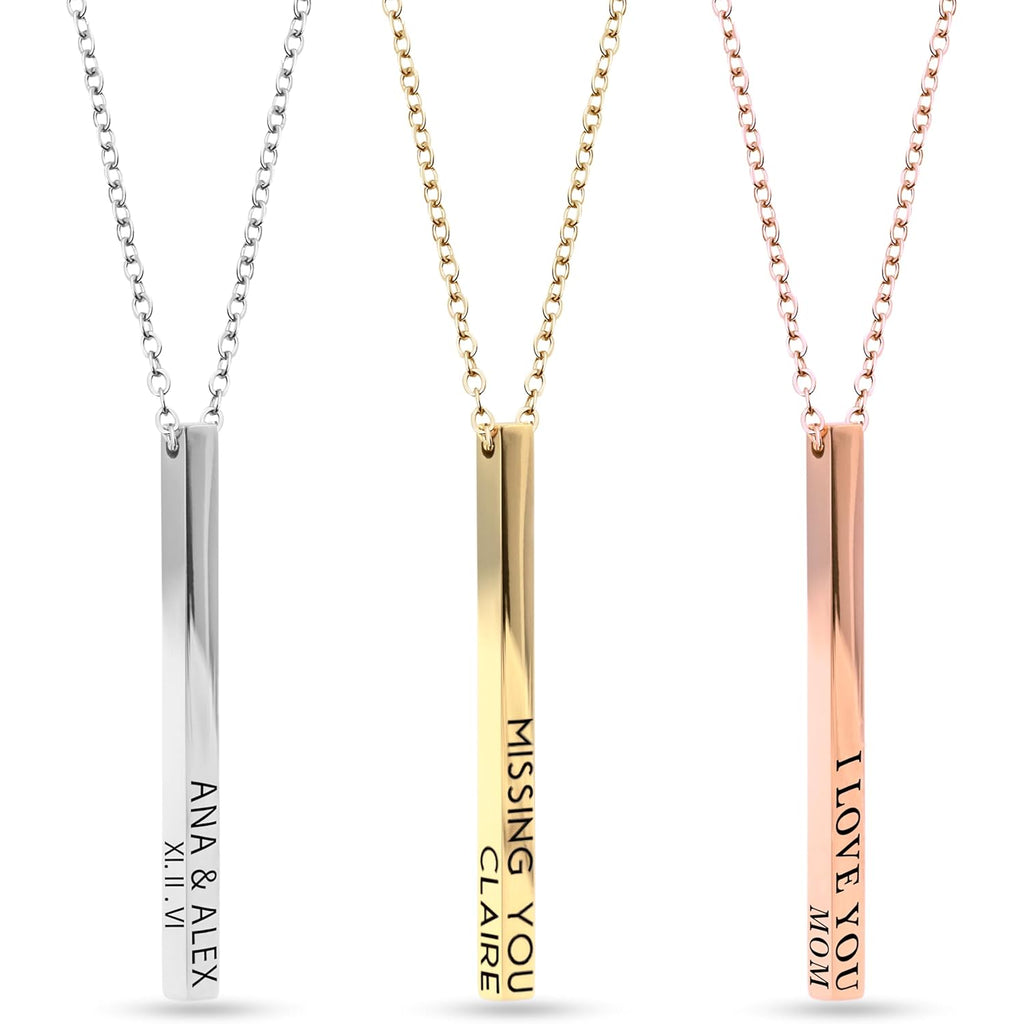 MignonandMignon 4 Sided Engraved Bar Necklace Personalized | Coordinates Name Necklace for Women Gold Silver | Custom Engraved Pendant Mom Gift Mothers Day Birthday