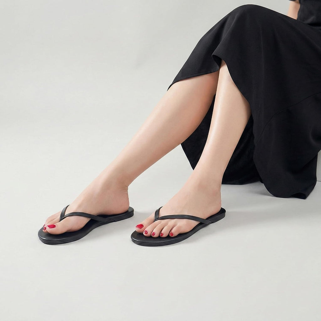 Mazeskin Women'S Memory Foam Comfortable Flat Thong Sandals Dressy Summer Beach Leather Slide Flip Flops