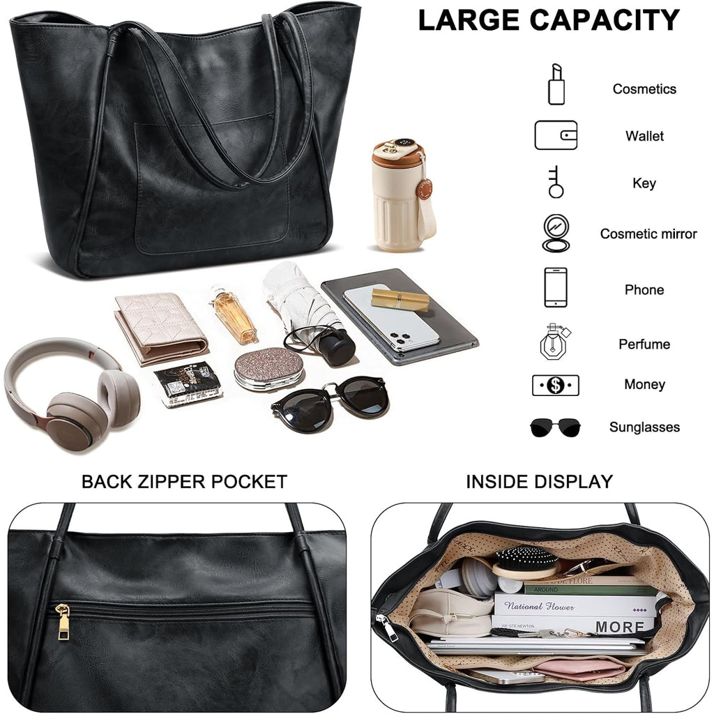 KKXIU Large Tote Bag for Women with Zipper Work Leather Travel Purse and Handbags