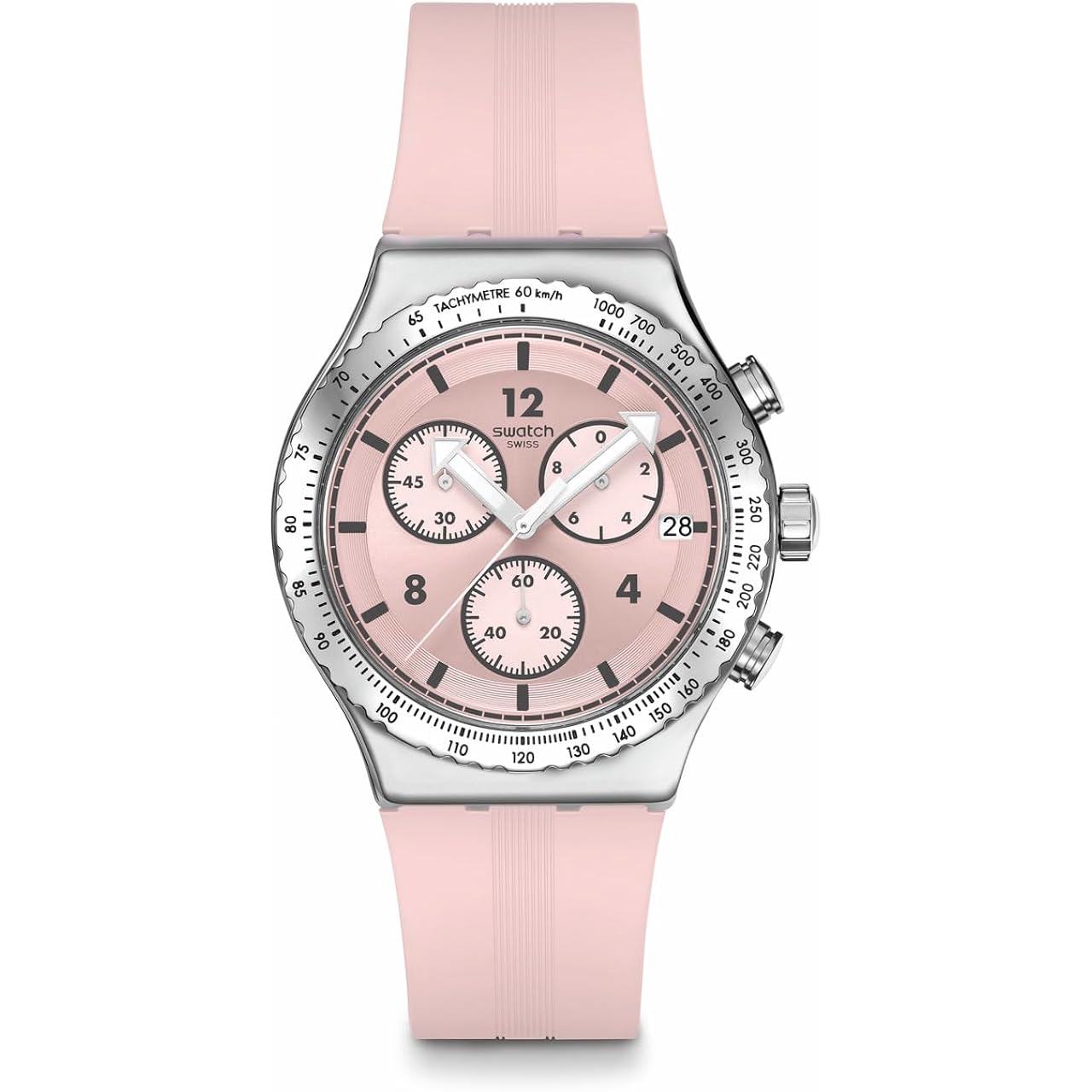 Swatch I New Chrono Unisex Watch Dress Stainless Steel Pink Quartz Waterproof Poppingly Pink