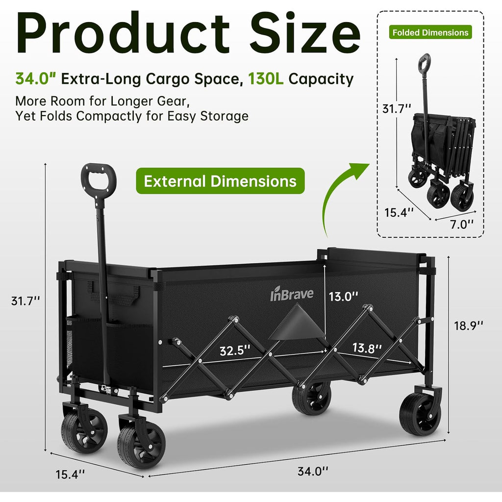 Extra Long Collapsible Wagon Cart, 360Lbs Heavy Duty Utility Wagons With All-Terrain Wheels, Foldable Grocery Carts For Gardening, Shopping, Beach, Camping, Black