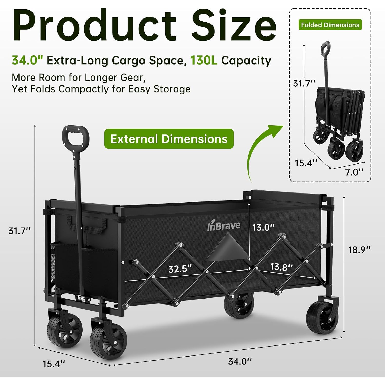 Extra Long Collapsible Wagon Cart, 360Lbs Heavy Duty Utility Wagons With All-Terrain Wheels, Foldable Grocery Carts For Gardening, Shopping, Beach, Camping, Black