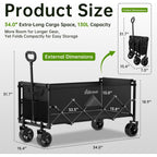 Extra Long Collapsible Wagon Cart, 360Lbs Heavy Duty Utility Wagons With All-Terrain Wheels, Foldable Grocery Carts For Gardening, Shopping, Beach, Camping, Black