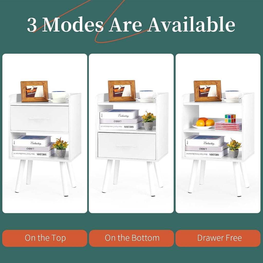 Yoobure Modern Nightstand With Drawer, Bedside Tables, Mid Century Nightstands With Open Storage Shelf, Wood Bedside Table, Small Night Stands For Bedrooms, 2-Tier Night Table
