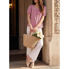 EVALESS Tops for Women Short Sleeve Tunic Blouse Square Neck Gingham Tops Cotton Blend Plaid Shirt Cute Checkered Shirt