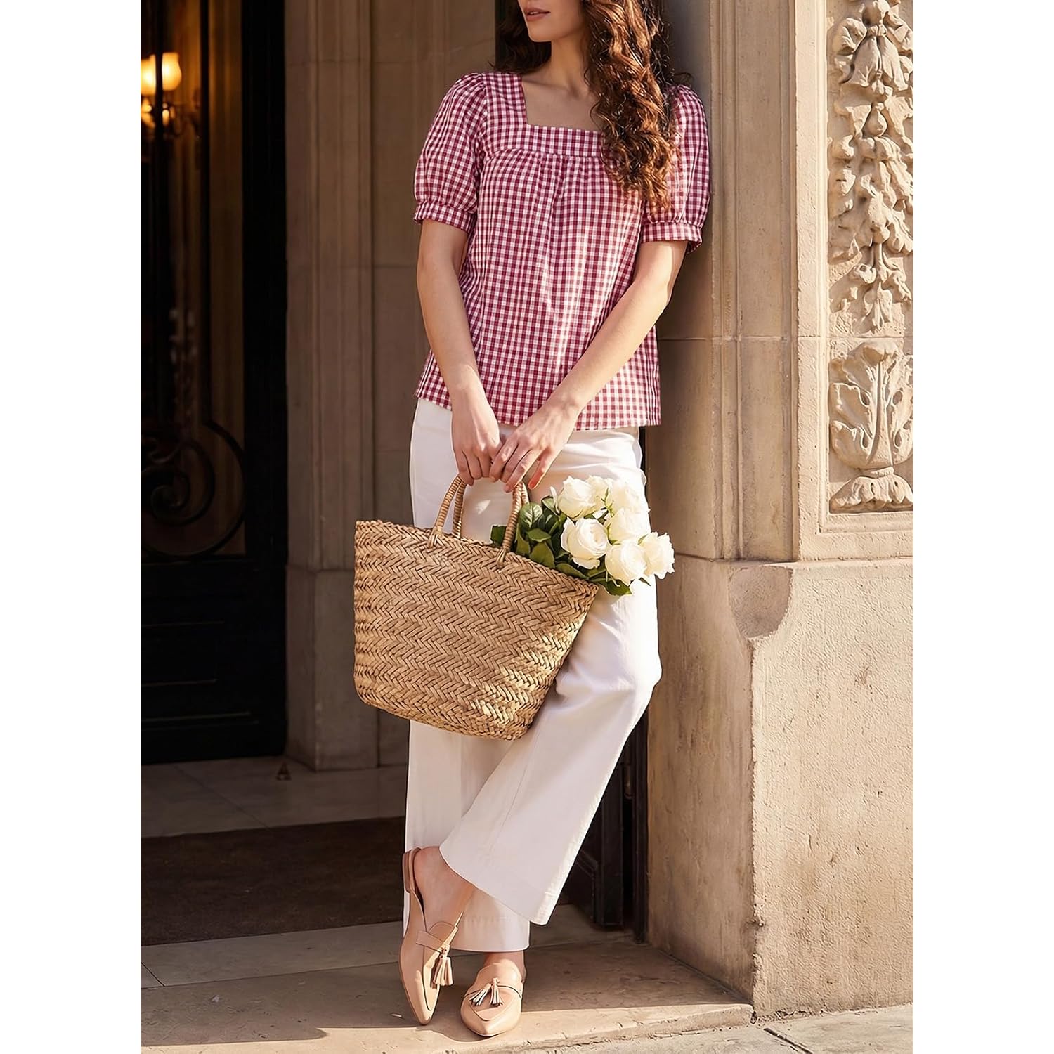 EVALESS Tops for Women Short Sleeve Tunic Blouse Square Neck Gingham Tops Cotton Blend Plaid Shirt Cute Checkered Shirt