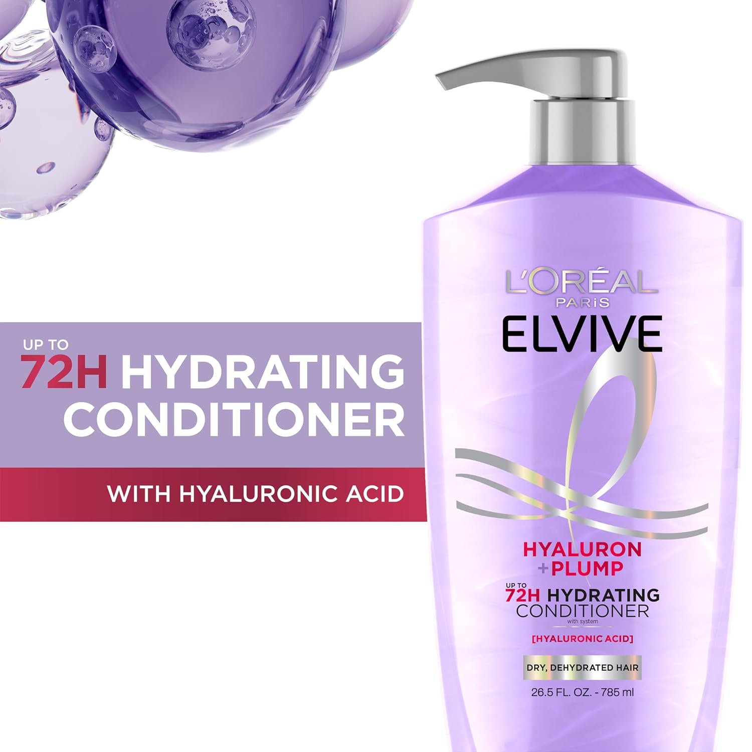 L'Oreal Paris Elvive Hyaluron Plump Hydrating Conditioner For Dehydrated, Dry Hair Infused With Hyaluronic Acid Care Complex, Paraben-Free, 26.5 Fl Oz