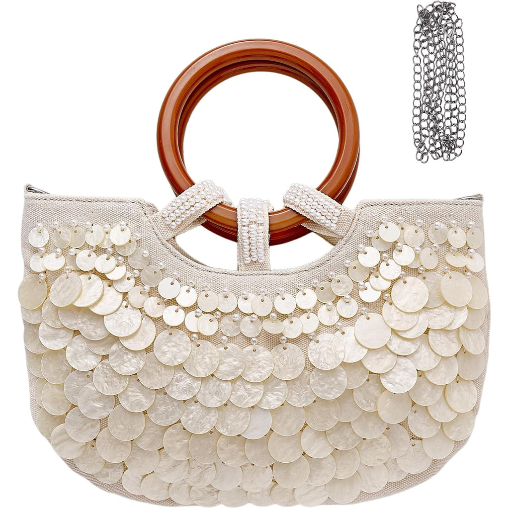 Shell Purse For Women Girls, Seashell Beaded Clutch Bag For Women 2026, Luxury Mother-Of-Pearl Handmade Top Handle Bag Beach Wedding Evening Party Handbag For Summer Resort Vacation