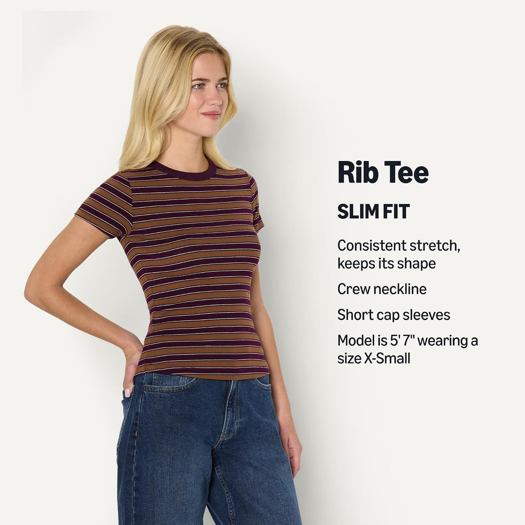 Amazon Essentials Women'S Slim-Fit Stretch Rib Short Cap Sleeve Crew Neckline Tee
