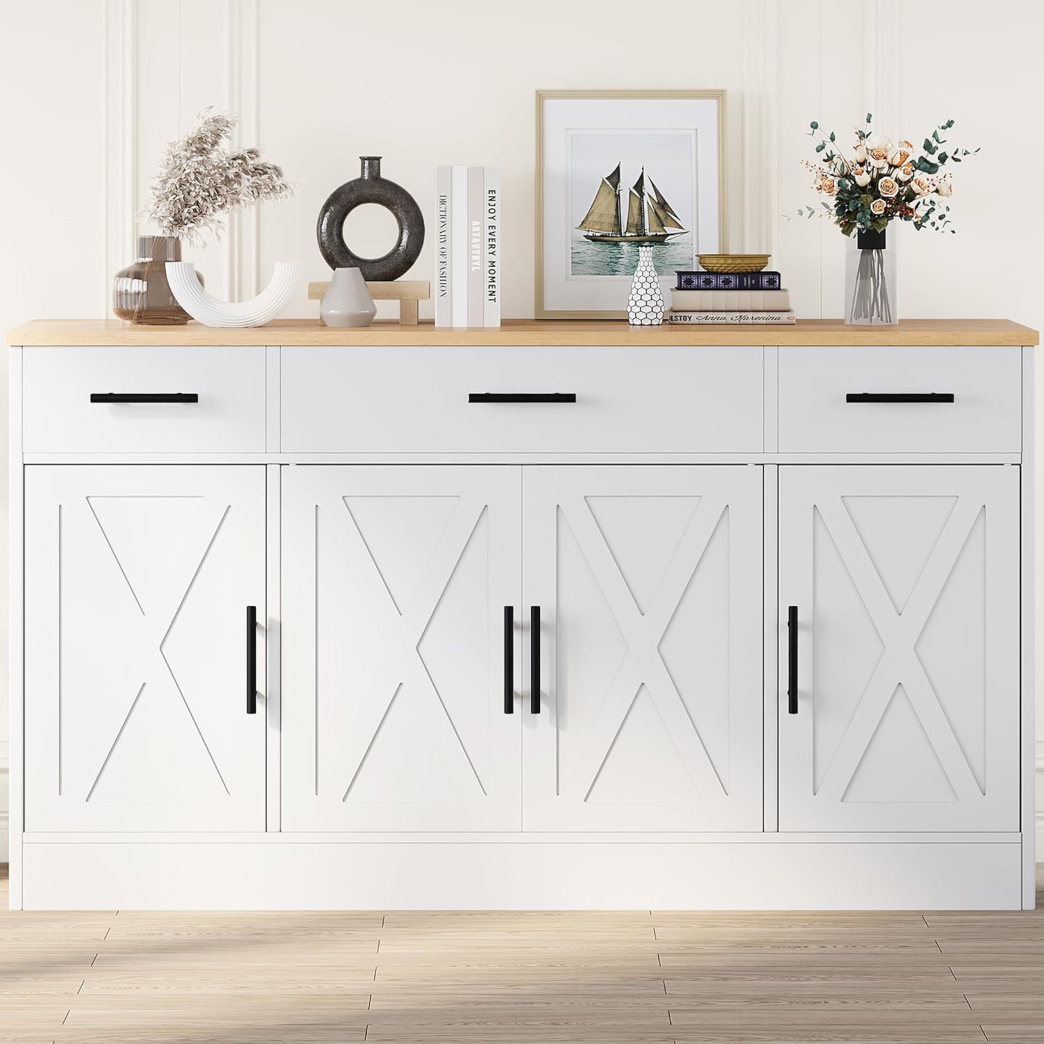 Shintenchi Buffet Cabinet With Storage,53.4" Large Kitchen Storage Cabinet With 3 Drawers And 4 Doors,Wood Farmhouse Buffet Sideboard With Adjustable Shelf For Kitchen Living Room, White