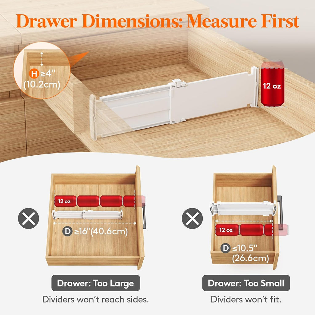 Lifewit 9 Pack Drawer Dividers For Clothes, 4" High 10.5"-16.5" Expandable Dresser Drawer Organizers, Adjustable White Plastic Separators For Kitchen, Cabinet, Nursery, Socks & Underwear Storage