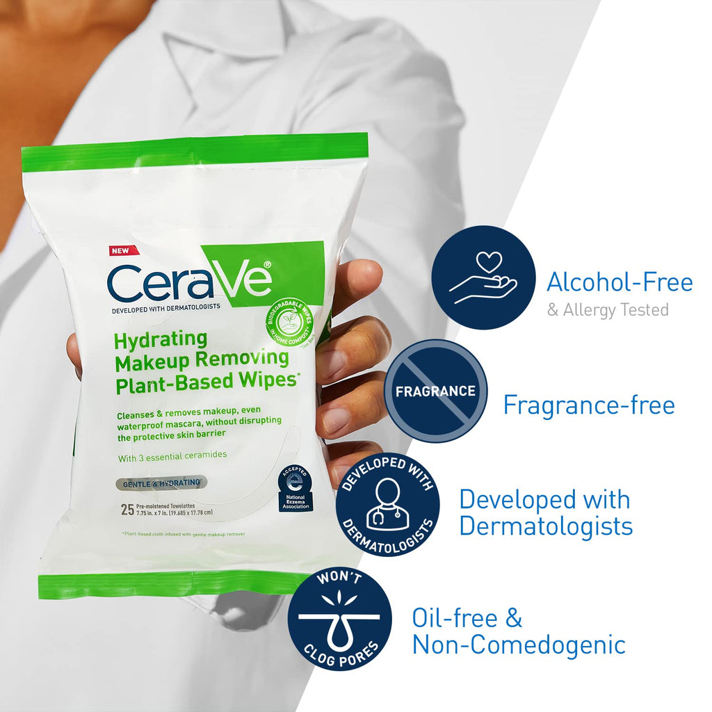 Cerave Makeup Remover Wipes, Plant Based Face Wipes, Biodegradable In Compost, Waterless Face Wash, Travel Essentials For Women, Suitable For Sensitive Skin, Fragrance-Free + Non-Comedogenic, 25Ct