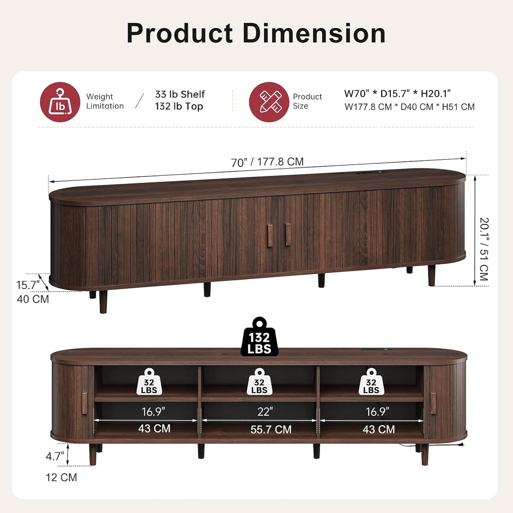 70" Mid Century Modern Tv Stand, Wood Tv Consoles With Sliding Doors And Power Outlet, Entertainment Center With Adjustable Shelves, Fluted Tv Stands For Living Room, Walnut