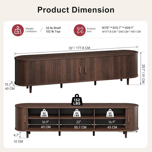 70" Mid Century Modern Tv Stand, Wood Tv Consoles With Sliding Doors And Power Outlet, Entertainment Center With Adjustable Shelves, Fluted Tv Stands For Living Room, Walnut