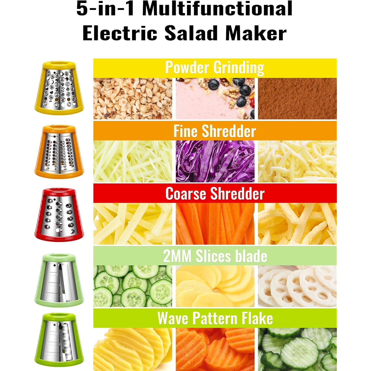 Electric Cheese Grater Salad Shooter,5-In-1 Electric Slicer For Home Kitchen,One-Touch Easy Control,With Safety Push Bar Cheese Grater Electric For Zucchini,Cheese,Vegetables And Smoothie