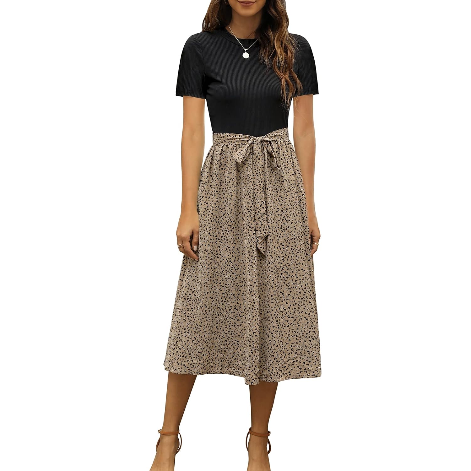 Zattcas Women 2026 Summer Dress Short Sleeve Ribbed Teacher Church Modest Business Casual Work Outfits Midi Dress