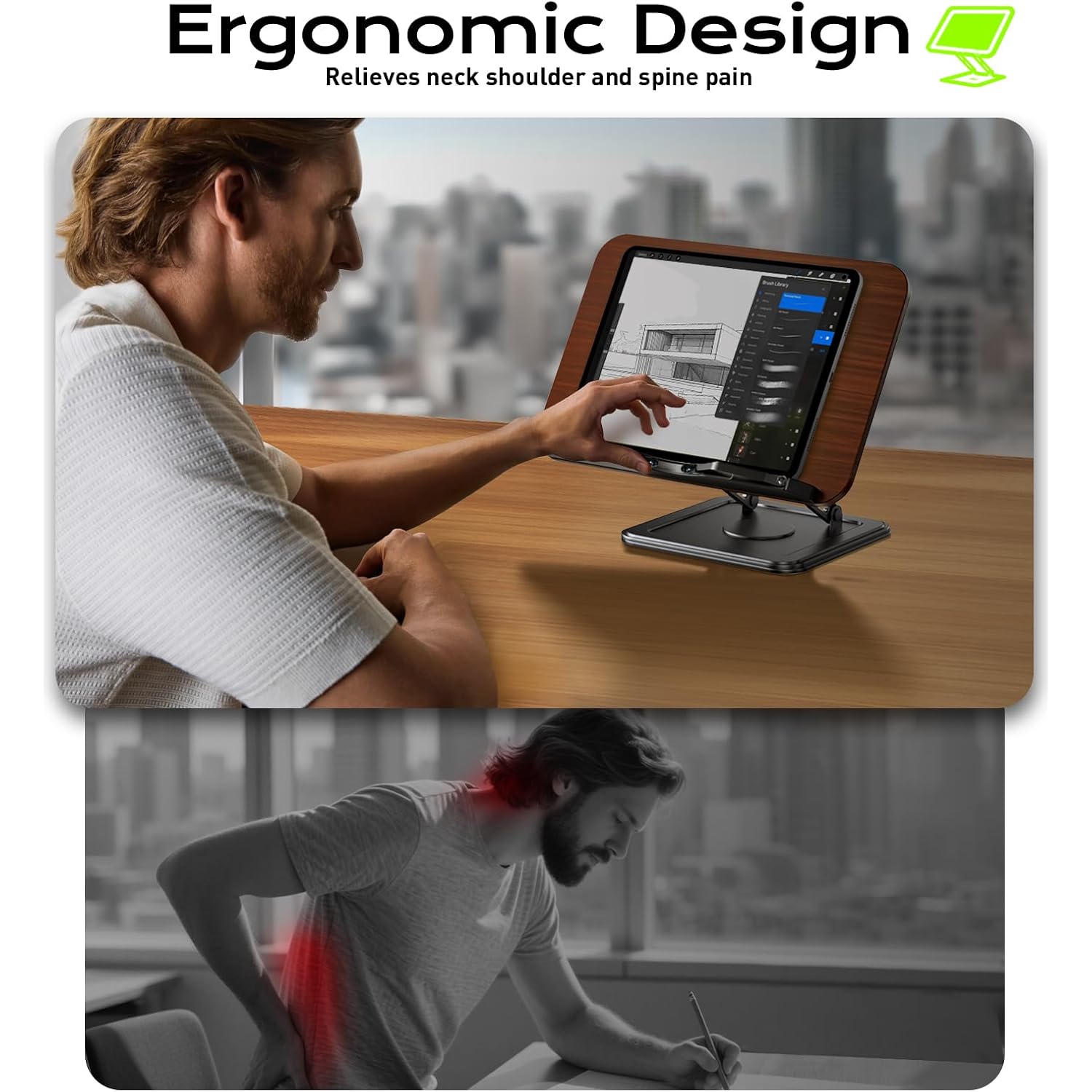 Book Stand For Reading, Adjustable Book Holder With 360°Rotating Bases, Ergonomic Cookbook Stand Recipe Book Holder With Elastic Page Clips For Magazines, Tablets, Laptops,Black