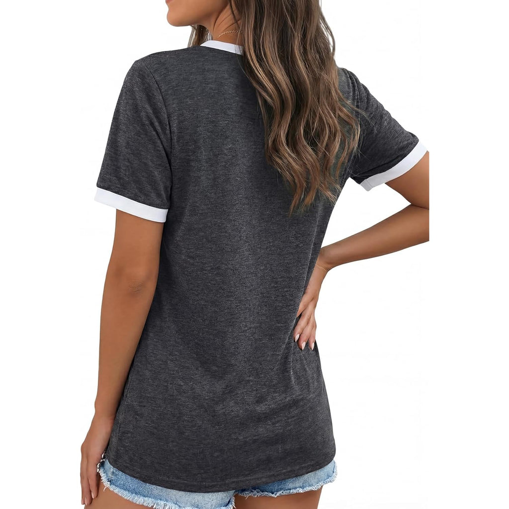YEXIPO Womens T Shirts Graphic Tees Spring Short Sleeve V Neck Funny Letter Print Casual Loose Cute Summer Tops Grey Smile