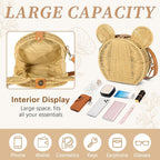 Round Rattan Straw Bag Purse For Women Handmade Cute Mouse Ear Wicker Woven Purse Crossbody Shoulder Bag Handbag