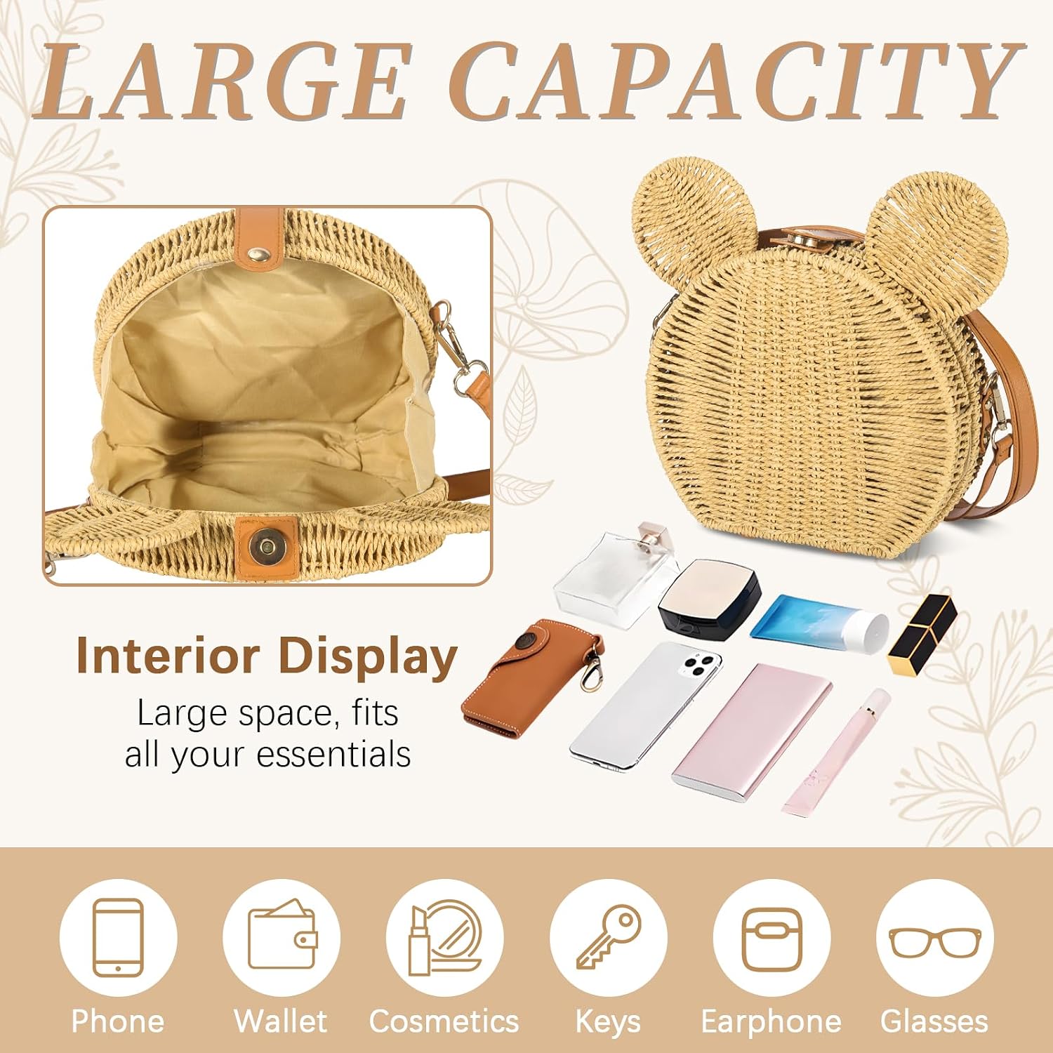 Round Rattan Straw Bag Purse For Women Handmade Cute Mouse Ear Wicker Woven Purse Crossbody Shoulder Bag Handbag